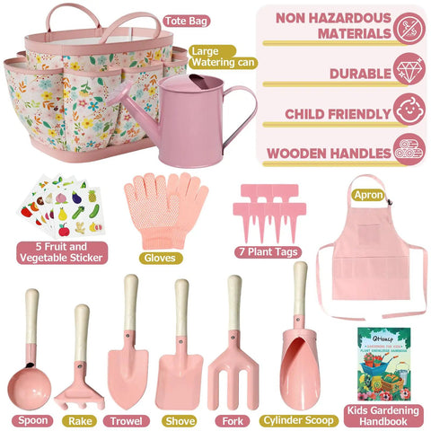 Kids Garden Gear 14-Piece Tool Kit With Tote Bag Watering Can Apron Rake Shovel Trowel Gloves Garden Book STEM Learning