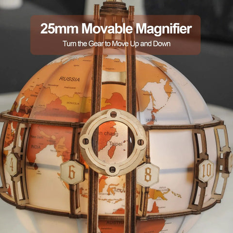 LED Illuminated 3D Wooden Globe Puzzle For Adults With Stand Build Your Own Night Light World Globe Kit 180 Pre-Cut Pieces Educational Decor Gift For Birthday Or Anniversary, 25mm magnifier detail