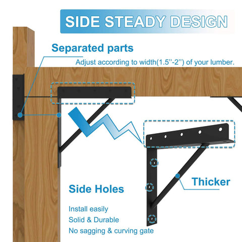 Side view of No Sag Gate Corner Brace Bracket Frame Kit illustrating adjustable parts and side holes for anti-sag support.