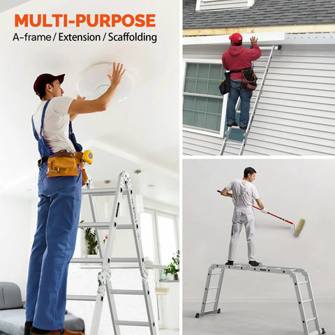 7 In 1 Folding Aluminum Ladder Multi Purpose Extension Scaffold Leaning Stepladder Heavy Duty With EN 131 Standard 12.5 Feet Folds To Compact 40.5 By 11 By 23.5 Inches For Easy Storage And Versatile Height, multi-purpose use