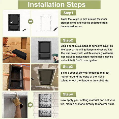 Installation steps for Recessed Shower Niche Organizer With Two-Tier Shelves, 14x16.5 Big Grid And 14x6 Small Grid.