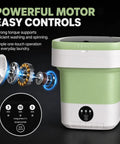 Close-up view of the Road Ready Foldable Mini Washing Machine controls and motor components, highlighting easy operation in matte green.