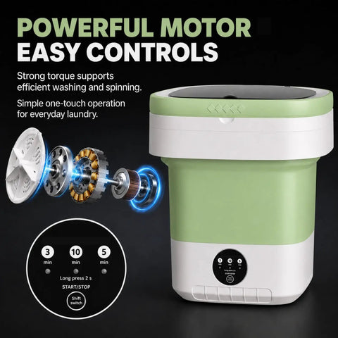 Close-up view of the Road Ready Foldable Mini Washing Machine controls and motor components, highlighting easy operation in matte green.