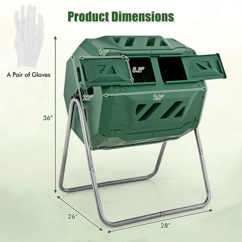 Dual Chamber 43 Gallon Outdoor Compost Tumbler with sliding doors and included gloves shown with product dimensions.