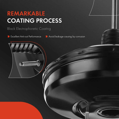 Close-up of Heavy Duty Vacuum Brake Booster for Toyota Tacoma, highlighting black electrophoretic coating and durability.