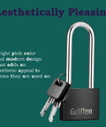 Stainless steel padlock with keys attached, brand "Guliffen", on green background with modern design text.