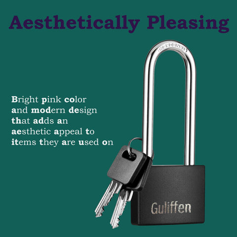 Stainless steel padlock with keys attached, brand "Guliffen", on green background with modern design text.