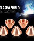 Precision Copper Plasma Cap For Thermal Dynamics Cutting Torch Consumables 5 Pack Heavy Duty in various angles showing copper material.