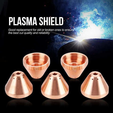 Precision Copper Plasma Cap For Thermal Dynamics Cutting Torch Consumables 5 Pack Heavy Duty in various angles showing copper material.