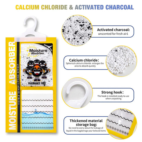 15 Pack Moisture Absorber And Odor Eliminator Hanging Bags For Closets And Home, Activated Charcoal And Calcium Chloride Dehumidifier packaging features.