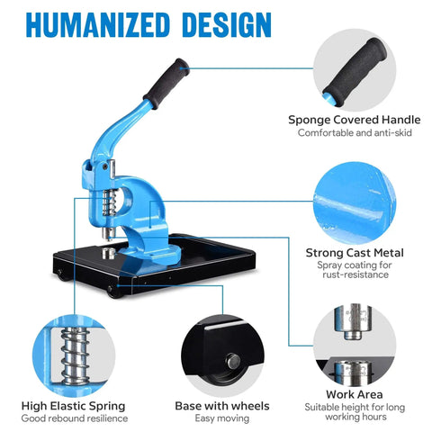 Grommet Tool Kit Beefy Heavy Duty Set With 3 Die Hand Press Grommet Machine in blue with rolling base and ergonomic handle.