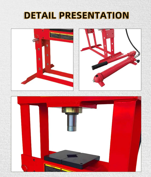 Beefy 10 Ton Welded H Frame Shop Press With Adjustable Crossbeam And 12 Inch Stroke, Manual Pump, Includes Press Plates And Tool Set