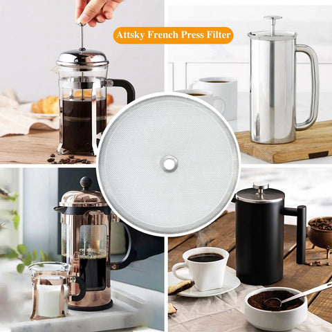 French press replacement parts set, eight-piece; six 4-inch screens with spiral and cross discs.
