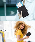 Woman holding Must Have Passport Wallet With Magnetic Button Closure For Travel Essentials in sleek black, showing easy access in travel.