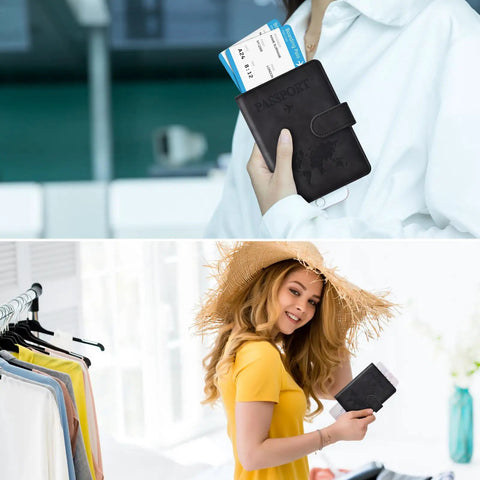Woman holding Must Have Passport Wallet With Magnetic Button Closure For Travel Essentials in sleek black, showing easy access in travel.
