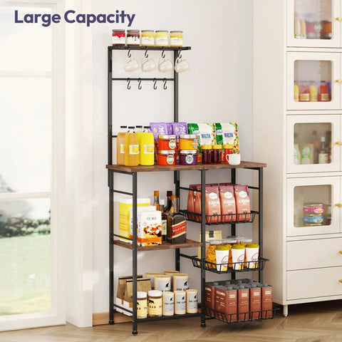 Espresso Bakers Rack With Storage For Coffee Bar And Kitchen Station Shelves Top Surface For Small Appliances 8 Hooks