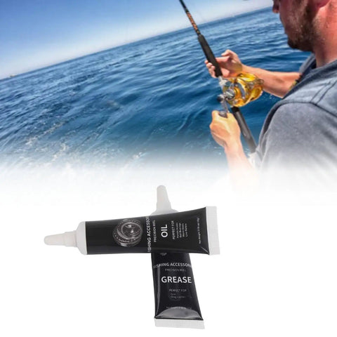 Fishing Reel Lubrication Kit With Pro Grade Maintenance Oil And Grease tubes, angler fishing with spinning reel on ocean