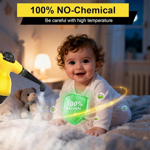 Heavy Duty Handheld Steam Cleaner For Home And Cars Pro Level Multi Surface Vapor Tool near a baby on a bed with bear.