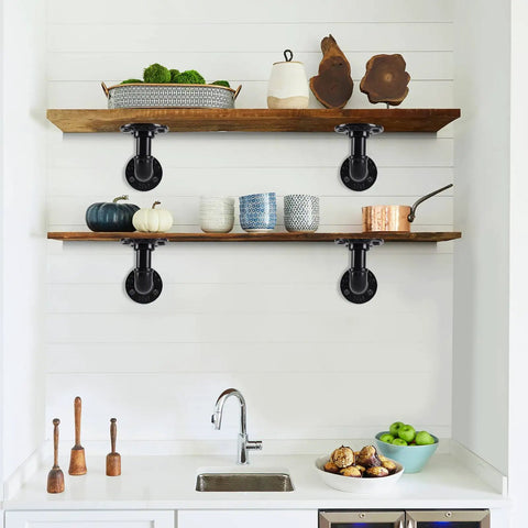 Heavy Duty Industrial Pipe Shelf Brackets Kit For 8 10 12 14 Inch Boards Iron L Pipe Floating Shelves Black 4 Pack in kitchen