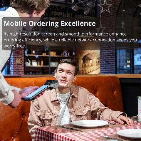 Plug And Chug Android 13 Handheld POS System With Integrated 58mm Thermal Printer used in restaurant for mobile ordering.