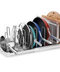 Adjustable Bakeware Organizer Pot Lid Holder Rack for Pots, Cake Molds, Cutting Boards, Mats and Cookware Storage, Extendable Width From 12.6 to 21.5 Inches, 7.7 Inch Deep, Quick Extend Setup, Space Saving Dope Kitchen Organization