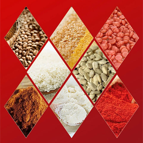 Variety of grains and spices including seeds, rice, and powders, suitable for Hassle Free Automatic Powder And Granule Filling Machine With Smart Controls Roll Away Chassis Built Tough Stainless Steel Frame Smooth Operator Dispenser For Easy Bagging Ten To Five Thousand Grams.