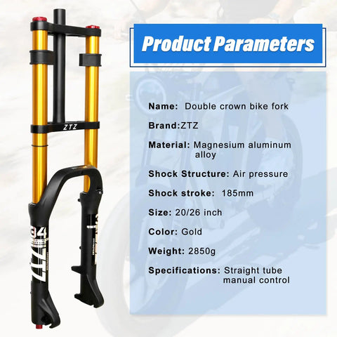 Beefy Fat Tire Front Fork With Air Suspension 180mm Travel 135mm Hub Spacing in gold magnesium aluminum alloy