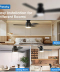 Modern 42 Inch Low Profile Ceiling Fan In Sleek Black With Whisper Quiet Motor providing smooth airflow in bedroom, dining room, and home office.