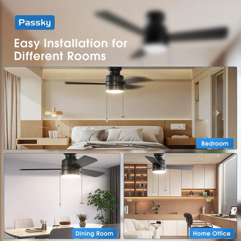 Modern 42 Inch Low Profile Ceiling Fan In Sleek Black With Whisper Quiet Motor providing smooth airflow in bedroom, dining room, and home office.