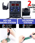 2 In 1 Hot Air Rework And Soldering Iron Station For Pros with digital display, demonstrating hot air and soldering functions on PCB.