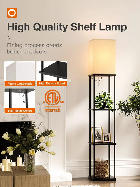 Floor Lamp With Shelves 4 Tier Storage Modern Shelf Floor Lamp With LED Bulb Three Color Temperature Display For Living Room Bedroom And Office Black Built In Display Shelves For Photos Books And Plants That Fits Your Space with fabric lampshade.