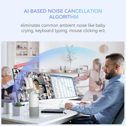 No Cap Portable All In One Conference Webcam Delivers Crisp 1080P HD Video With Integrated Noise Canceling Mic And Sharp Speaker in use on desk.