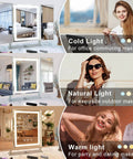 Vanity Tri Fold Makeup Mirror With 3 Lighting Modes Dimmable Smart Touch Control 10X Magnification 180 Degree Rotation For Tabletop Desk Dresser White LED Illumination showcasing cold, natural, and warm light modes.