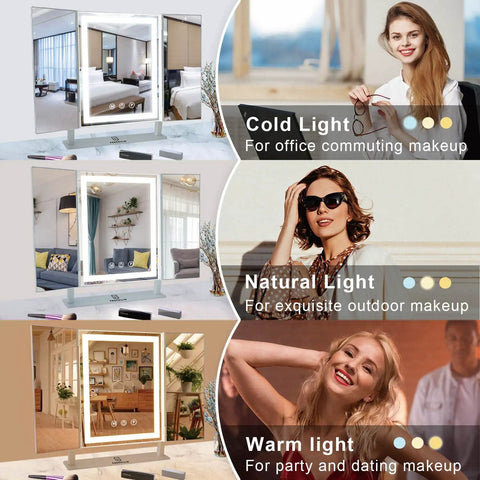 Vanity Tri Fold Makeup Mirror With 3 Lighting Modes Dimmable Smart Touch Control 10X Magnification 180 Degree Rotation For Tabletop Desk Dresser White LED Illumination showcasing cold, natural, and warm light modes.