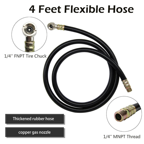 Heavy-Duty Air Tank Valve Kit Featuring Rock-Solid Aluminum Gauge And Durable Brass Manifold Alongside Four Foot PVC Hose Assembly, flexible hose with tire chuck.
