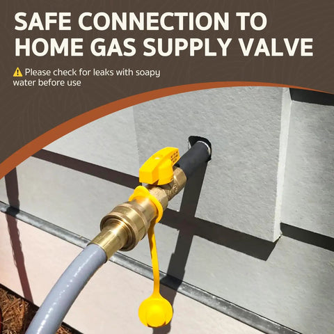 12 Feet 3/8 Inch ID Natural Gas Hose Low Pressure LPG Hose connected to home gas supply valve, showing quick connection