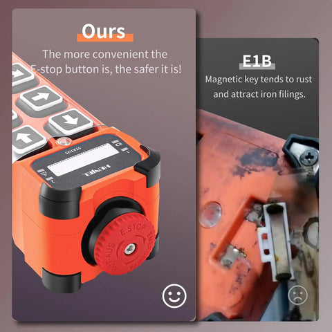 Eight Channel Industrial Wireless Crane Remote Control With 100 Meter Range And 360 Degree Barrier Free Signal No Interference E Stop Push Button for overhead bridge hoist next to a rusty magnetic key.