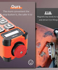 Side view of eight channel wireless crane remote control with E-stop button, rugged orange casing, and keypad for overhead hoists.
