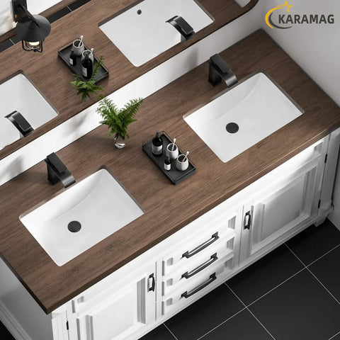Durable White Rectangle Undermount Sink For Vanity And Bathroom, Vitreous Ceramic With Curved Sides, top view of dual sinks