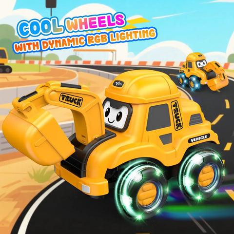Remote Control Excavator Toy With Flashing Light Wheels For Toddlers Ages 2 To 6 on a play road with colorful lights