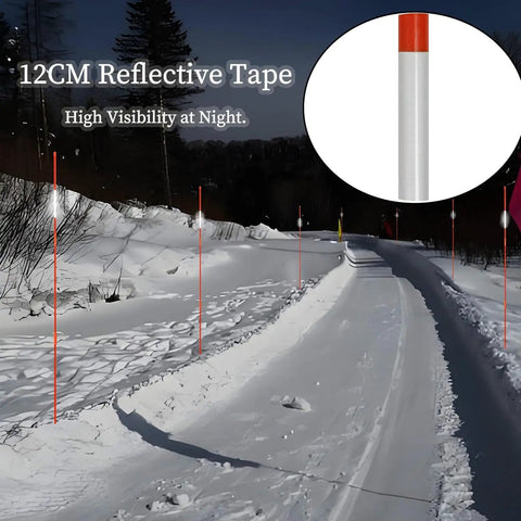 20 Piece Orange Driveway Markers Set With 49 Inch Fiberglass Snow Stakes White Reflective Tape in snowy landscape
