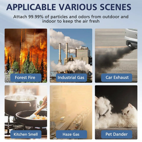 Smoke and pollution sources for air filter: forest fires, industrial gases, car exhaust, kitchen smells, haze, pet dander.