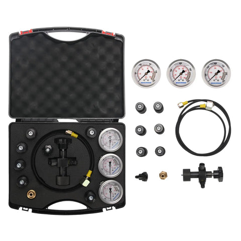 Pro Grade Nitrogen Accumulator Charging Kit With Three Precision Gauges 1500 To 6000 PSI Six Universal Adapters Including M28x1.5 And UNF 5/8 And 1/2 Heavy Duty Hydraulic Tool Set For Pressure Testing