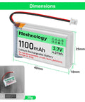 4 Pack 3.7V 1100mAh LiPo Battery With USB Charger Cable, dimensions and weight are displayed on a scale, with Micro JST plug.