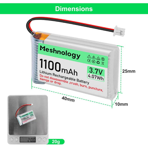4 Pack 3.7V 1100mAh LiPo Battery With USB Charger Cable, dimensions and weight are displayed on a scale, with Micro JST plug.