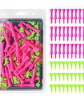 Castle Golf Tees Set with durable plastic step-down tees, unbreakable 60 count, mixed lengths in pink and green pack for practice