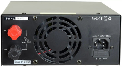 Back view of 50 Amp 13.8V Analog DC Power Supply With Cigarette Plug For Ham And CB Radios And Amplifiers, showing connections