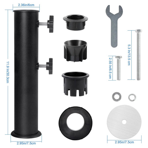 Heavy Duty Steel Umbrella Base Tube Replacement Pole With Black Powder Coat For Universal Parasol Base Replacement Part For Outdoor Patio Garden Balcony Rust Resistant Durable And Easy To Install showing parts and dimensions