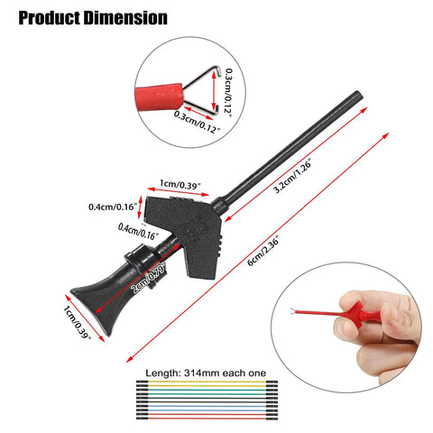 10 Piece Mini SMD IC Test Hook Clip Kit with Five Color Silicone Jumpers Wires for Logic Analyzers and Multimeters, dimensions shown