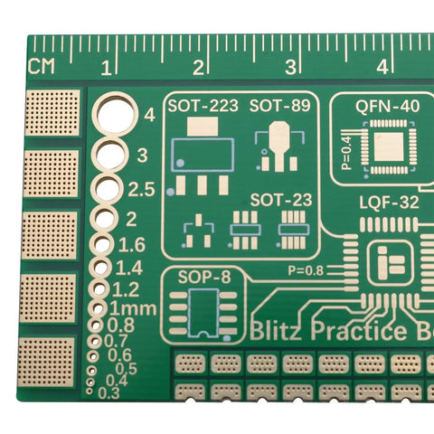 Close-up of Beginner Soldering Practice Board Kit For Electronics Nerds And Hobbyists 40x100mm with micro pad and pad variety.